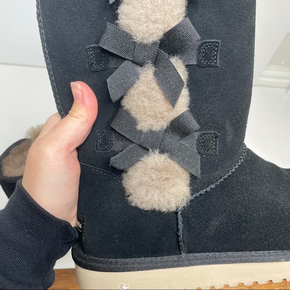 UGG Koolaburra Victoria Black Bow Accent Sheepskin Suede Furry Winter Boots 7 - Picture 9 of 13